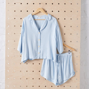 Bamboo Pyjamas: Button Up + Short PJ Set in Baby Blue-0