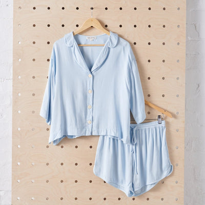 Bamboo Pyjamas: Button Up + Short PJ Set in Baby Blue-0