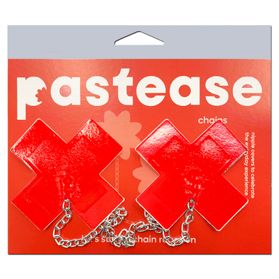 Chains: Faux Latex Pleather Vinyl Red Plus X Cross with Chunky Silver Chain Nipple Pasties by Pastease®-1