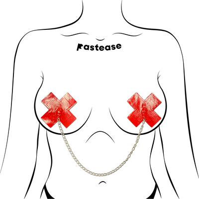 Chains: Faux Latex Pleather Vinyl Red Plus X Cross with Chunky Silver Chain Nipple Pasties by Pastease®-2