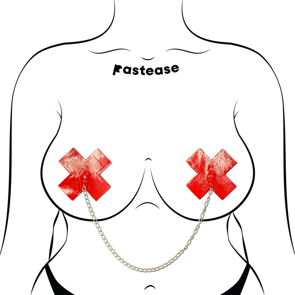 Chains: Faux Latex Pleather Vinyl Red Plus X Cross with Chunky Silver Chain Nipple Pasties by Pastease®-3