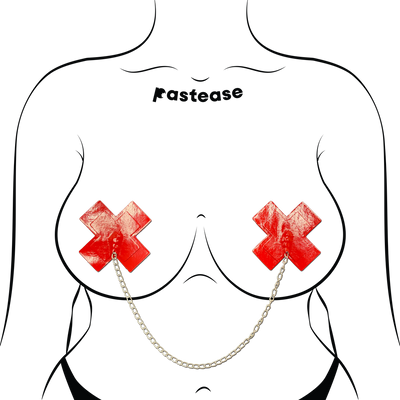 Chains: Faux Latex Pleather Vinyl Red Plus X Cross with Chunky Silver Chain Nipple Pasties by Pastease®-3